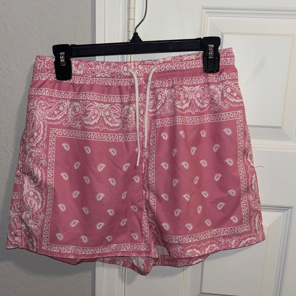 SHEIN Pink Bandana-Print Drawstring Athletic Shorts